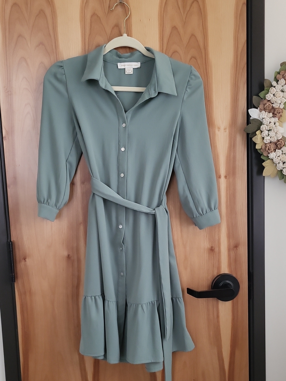 Monteau Sage Green Button-Front Midi Shirt Dress with Belt